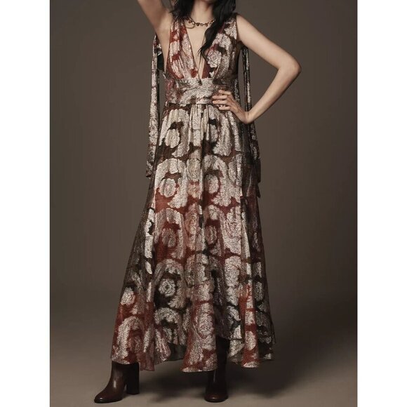 Farm Rio Dresses & Skirts - Farm Rio Sleeveless V-Neck Jacquard Lurex A-Line Maxi Dress L